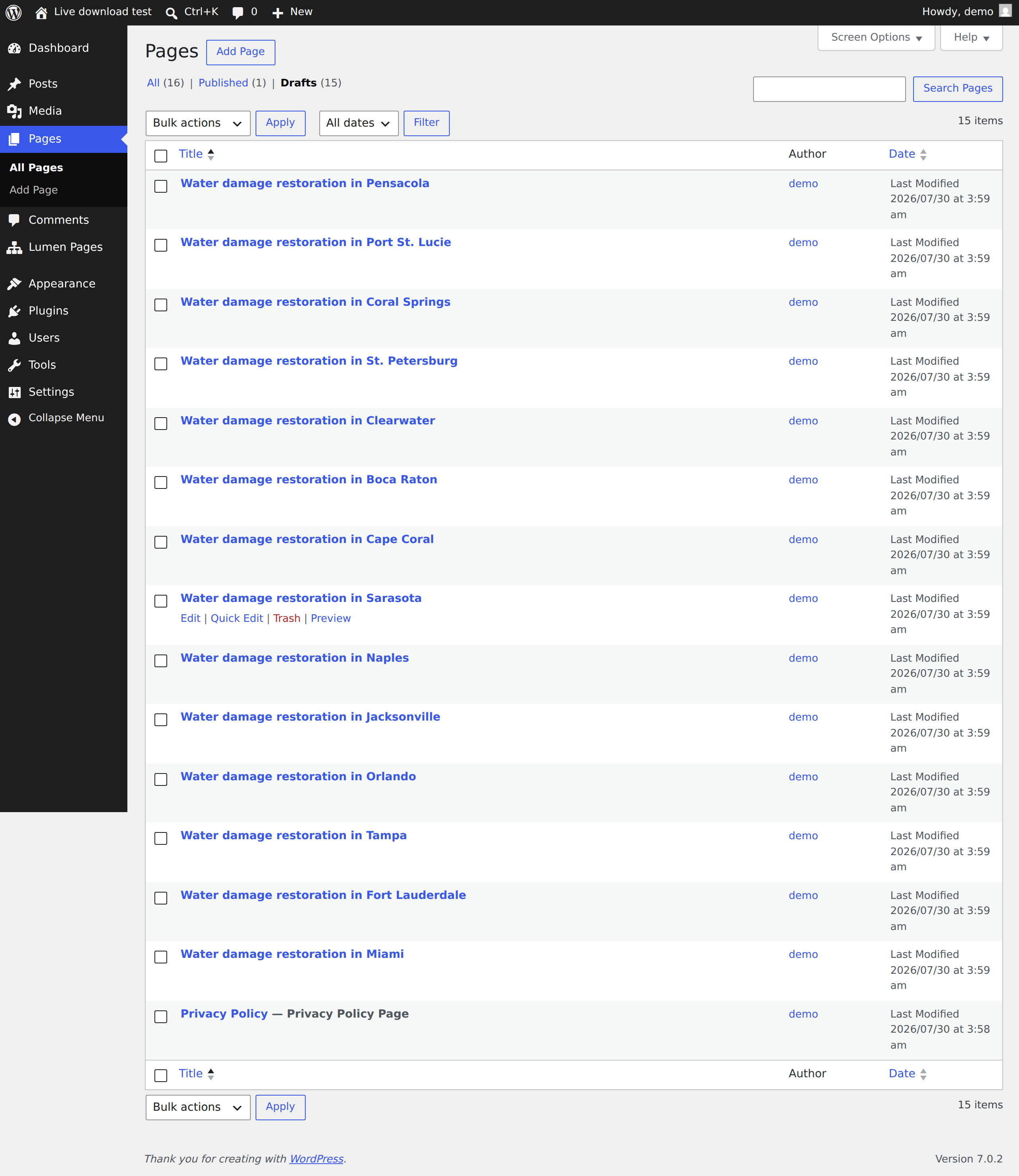 The WordPress Pages screen listing 14 draft pages, one per Florida city, all created by Lumen Pages, plus WordPress's own stock Privacy Policy draft.