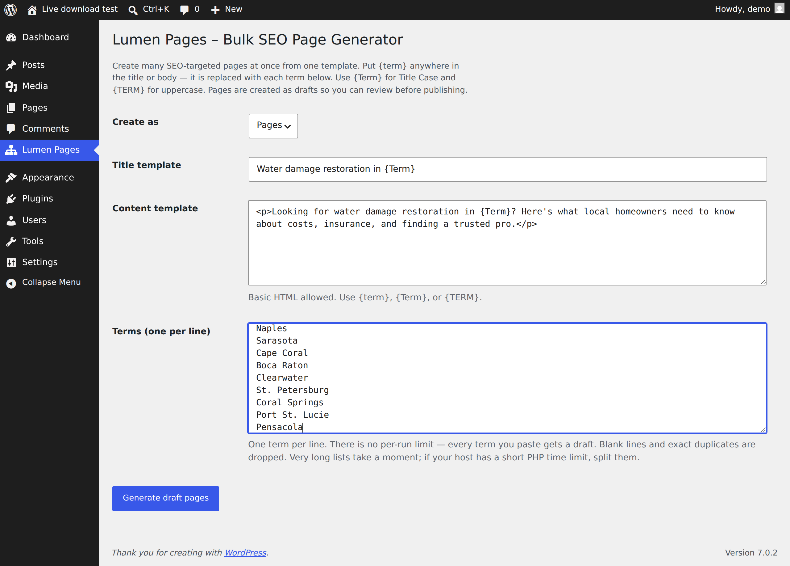 The Lumen Pages admin screen in WordPress: a title template, a content template, and a list of Florida city names in the terms box.